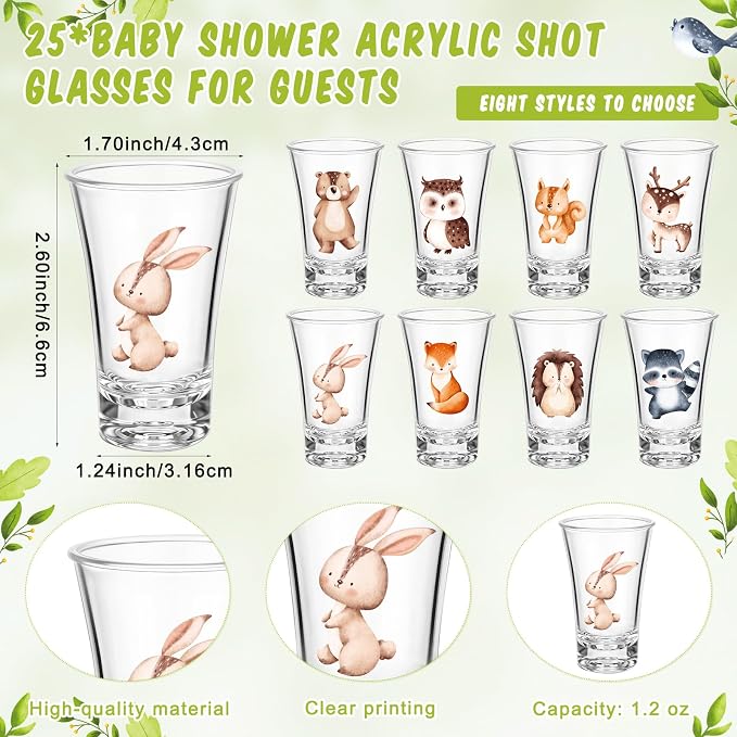 Pickmesh 25 Sets Woodland Baby Shower Party Favors Jungle Animal Shot Glasses with Thank You Tags Bags for Animal Jungle Theme Baby Shower Gender Reveal Party