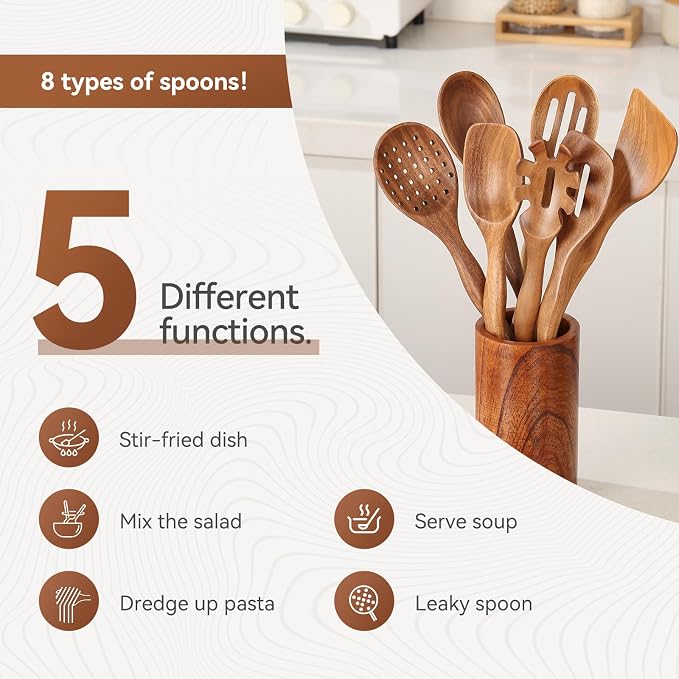 Kitchen 10PCS Teak Wooden Utensils Set With Holder and Spoon Rest | Non-stick, Easy to Clean, Durable, Smooth with Comfort Grip Wooden Spoons for Cooking - Non Toxic Wooden Cooking Utensil