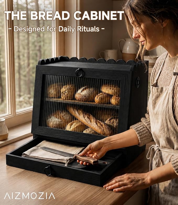 Bread Box for Kitchen Countertop Wooden Double Layer Bread Storage Container Bin Breadbox Holder Large Capacity Keeper Vintage Farmhouse Food Organizer (Black, Large)