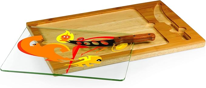 PICNIC TIME Disney The Incredibles Icon Glass Top Cheese Board and Knife Set, Charcuterie Serving Tray, Removable Tempered Glass, Parawood and Bamboo Design, (Parawood & Bamboo)