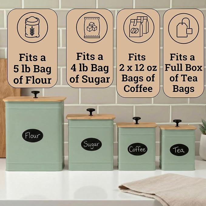 Kitchen Canisters for Countertop Set of 4 w/ Chalkboard Labels & Marker Pen | Airtight Easy Open Bamboo Lids, Dent-Resistant Thick Metal, Customizable Chalkboard Labels, Marker Pen Included, Set of 4