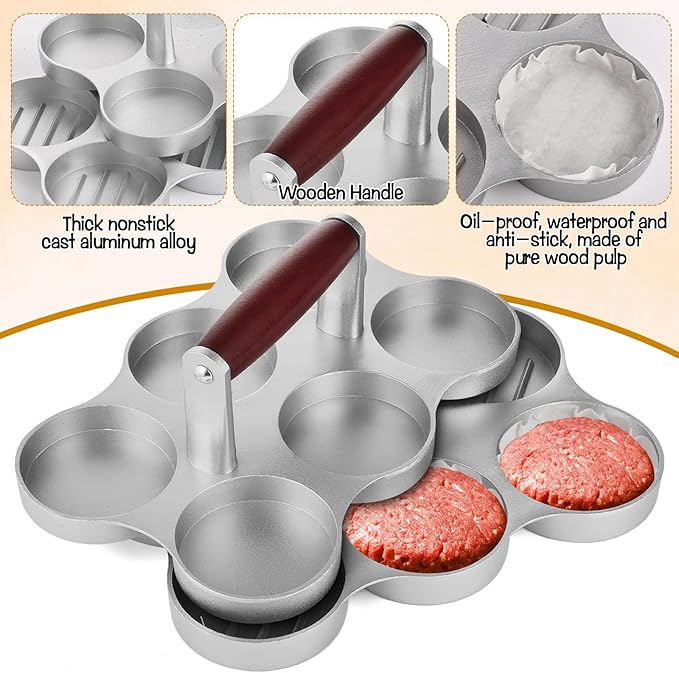 Mini Burger Press Small Meat Patty Maker with 300 Patty Papers Round Shape Press Patty Maker for Mini Hamburger, Barbecue, Picnic, Camping, Six 2.64-inch molds (6 Slots+300 Patty Papers)
