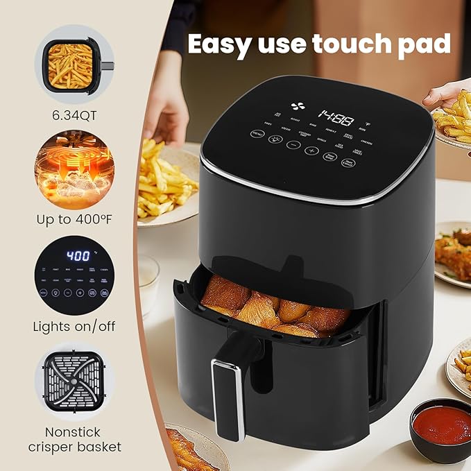 Sweetcrispy Air Fryer 6 Quarts with Window, 12-in-1 Square Airfryer Oven for Family, 400°F Rapid Air Crispy Technology, Roast Bake Dehydrate, Nonstick & Easy-Clean Basket