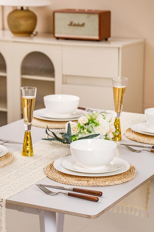 FHGNYSM Vintage Dinnerware Set for 4, 12-Piece Elegant Bone China Look Porcelain Plates and Bowls Set, Ivory Pattern Dish Set for Kitchen, Wedding and Housewarming Gift