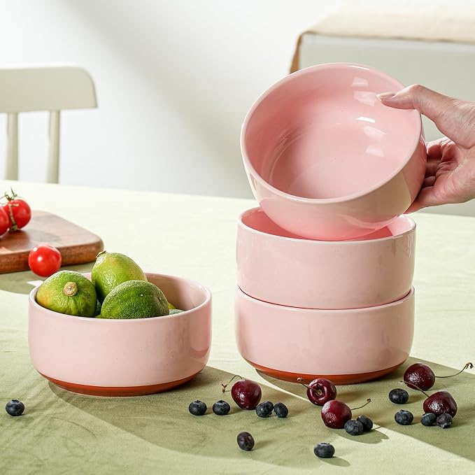 28 OZ Ceramic Cereal Bowls Set, 6 Inch, Set of 4, Elegant Pink | Handcrafted, Dishwasher & Microwave Safe, Stoneware Deep Soup Bowls for Everyday Use