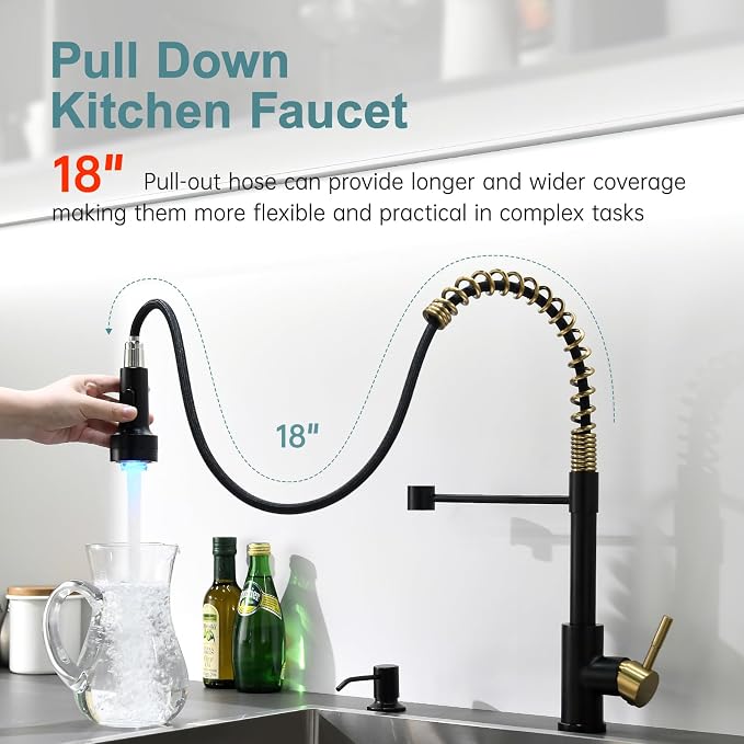 GIMILI Black and Gold Kitchen Faucet with Soap Dispenser Single Hole Pull Down Sprayer LED Faucet, Suitable for Farmhouses, RV, Laundry Room, Outdoor, and Campers. Llave para fregadero de cocina