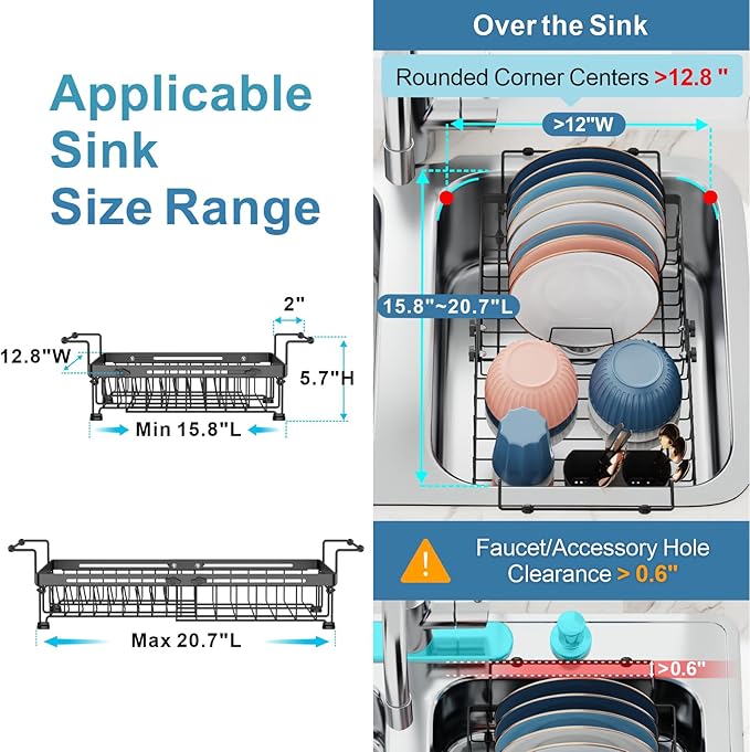 iSPECLE Expandable Dish Drying Rack for Large Kitchen Sink, eavy Duty Adjustable Over Sink Dish Drainer with Square Corners, Rust Resistant with Lock Knob, Fit for Modern Single & Double Sinks, Black