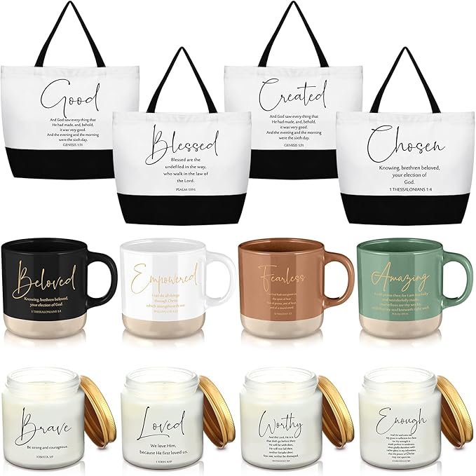 LemonRoad 12 Pcs Inspirational Christian Gift for Women Bulk Included 12oz Ceramics Bible Coffee Mug Large Tote Bag Religious Candle Gift for Mom Godmother Wife Church Teacher Nurse Graduation