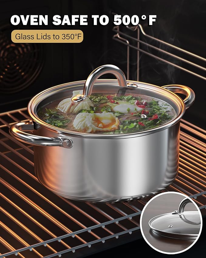 Cook N Home Kitchen Cookware Sets, 12-Piece Basic Stainless Steel Pots and Pans, Silver | Stay-Cool Handle, Induction Compatible, Dishwasher and Oven Safe