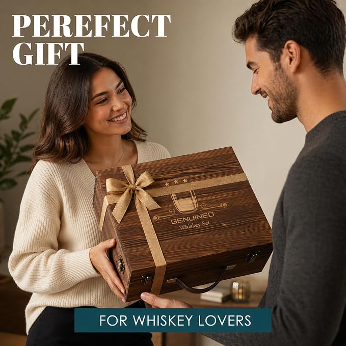 GENUINED 30oz Globe Whiskey Decanter Sets with 11oz Charred Wooden Whiskey Glass(2), Gifts for Men