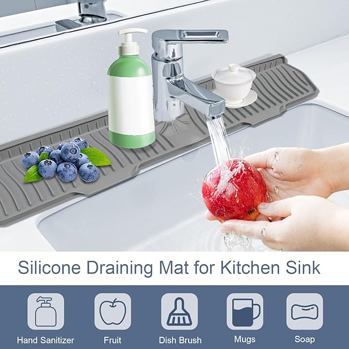 Sink Drain Mat Behind Faucet,Faucet Guard Draining Mat, 90° Foldable Tap Draining Mat for Kitchen Sink with 2 Water Ports, Faucet Drain Mats for Kitchen, Bathroom, etc (Gray, 29.5"*6.1")