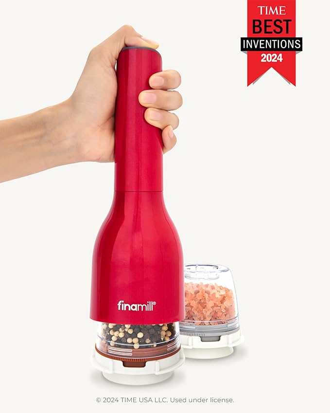 FinaMill Classic Battery Spice Mill – Battery Operated Salt and Pepper Grinder Set, Includes 2 Interchangeable Spice Pods, Adjustable Coarseness, Ceramic Grinder, LED Light, Home and Kitchen Gift Set