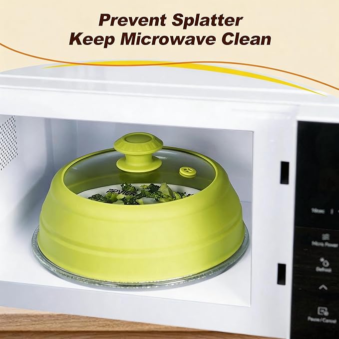 Microwave Splatter Cover - 9.8" Glass Lid with Collapsible Silicone Rim, Universal Pot & Plate Cover for Mess-Free Heating (Green, 9.8inch)