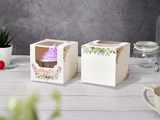 Cupcake Boxes for Mothers Day with Window and Inserts, Pre-assembled 15 Count White Cupcake Containers Individual for Mother's Day 3.5" x 3.5" x 3.5"