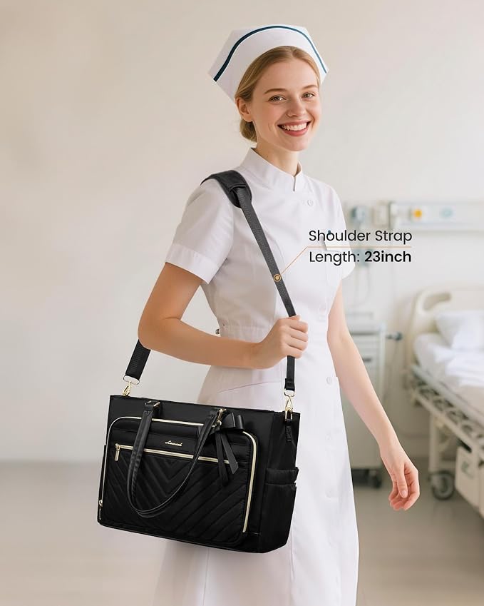 LOVEVOOK Lunch Tote Bag for Women, Insulated Lunch Bag, Large Capacity Teacher Nurse Bag for Work with Large Cup Holder Water Resistant, Womens Crossbody Handbags fit 17.3 Inch Laptop, Black