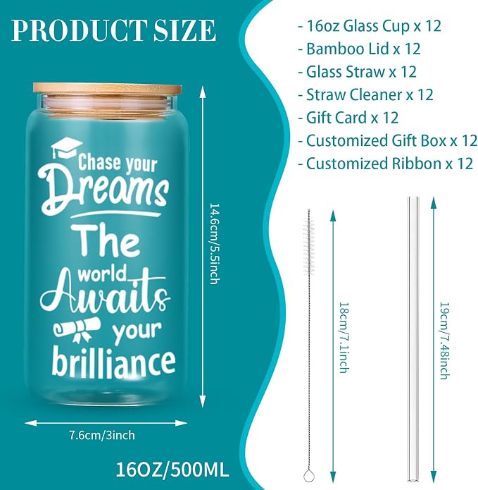 12 Set Graduation Gifts Glass Cups, Congratulations Graduate Cups with Lid Straw, 16oz Can Shaped Beer Glass Cups Inspirational Grad Gifts, College Master's Degree Graduation Party Supplies