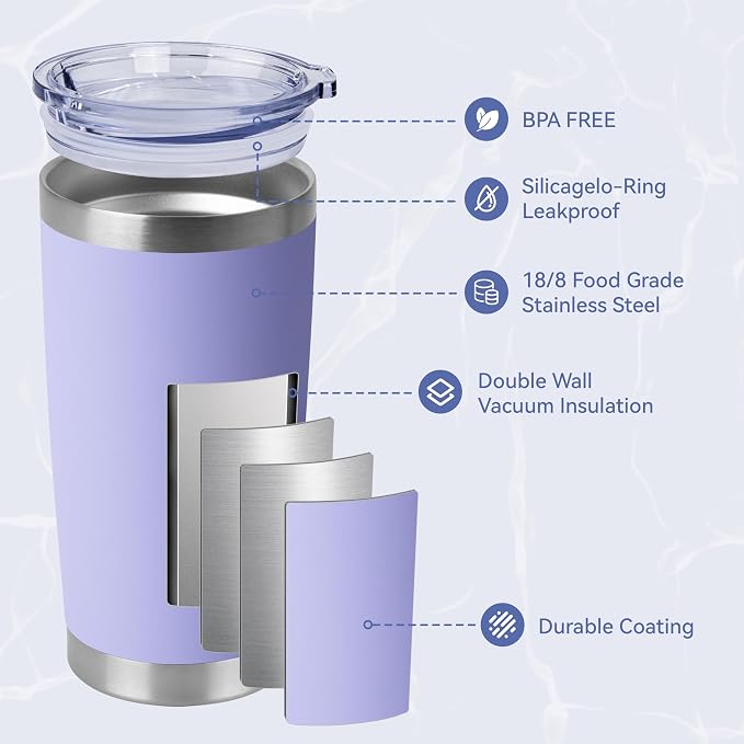 HASLE OUTFITTERS 20oz Stainless Steel Tumblers Bulk, Insulated Travel Cup with Lid, Double Wall Vacuum Coffee Mug for Cold & Hot Drinks 4 Pack, Light Purple