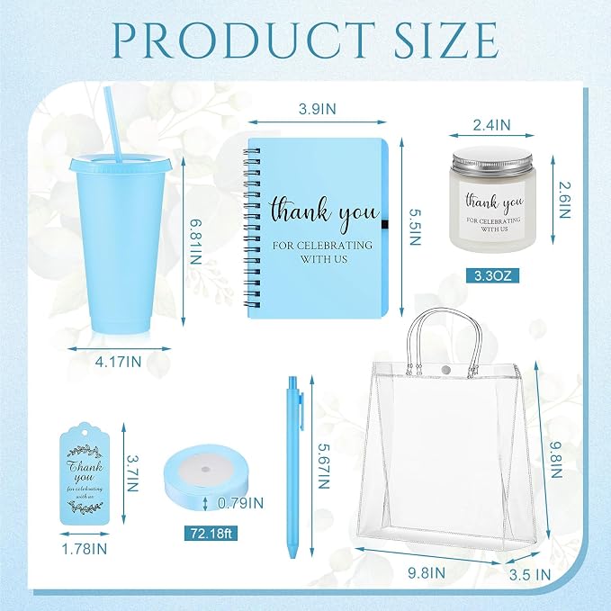 Nuogo 12 Sets New Parent Shower Prizes for Player Winners Adult, Wedding Bridal Shower Gift, Plastic Tumbler Notebook Scented Candle Ballpoint Pen Bag (Blue Color,Classic Style)