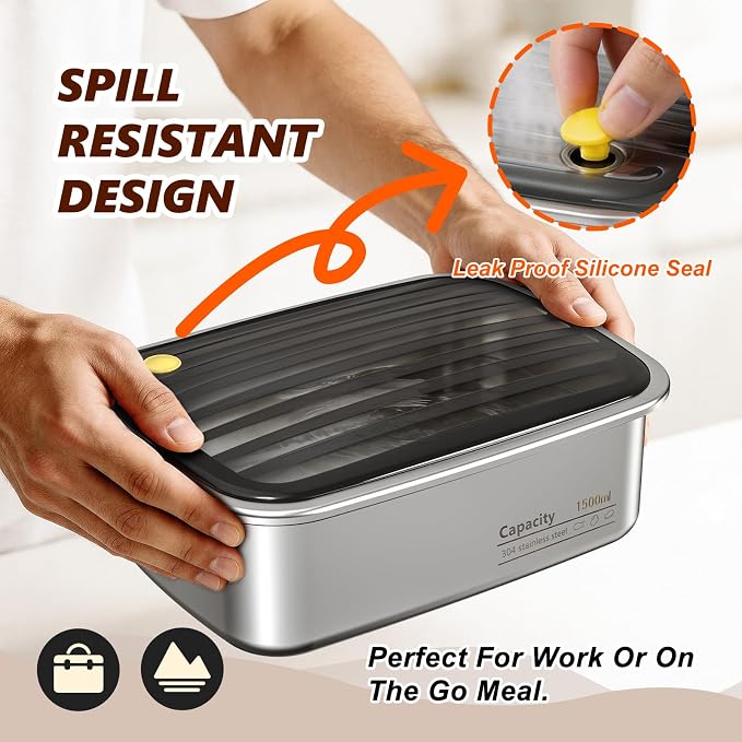 Stainless Steel Inner Container with Lid for Cordless Electric Lunch Box, 1.5L 6.3 Cups Meal Container for Portable Heated Lunch Box, Dishwasher Safe