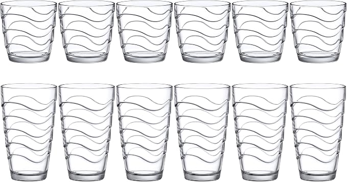 Amazing Abby - Wavely - 14-Ounce and 20-Ounce Plastic Tumblers (Set of 12), All-Clear Reusable Plastic Cups, Stackable, BPA-Free, Shatter-Proof, Dishwasher-Safe