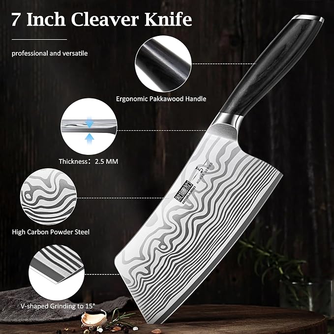 HOSHANHO Cleaver Knife 7 Inch, Razor Sharp High Carbon Powder Steel Meat Cleaver & 5 Pieces Knife Set, Professional Powder Steel Chef Knife Set, Ultra Sharp Japanese Kitchen Knives Set