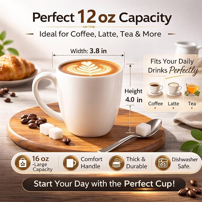 GBhome 12oz Coffee Mugs Set of 6, Large Ceramic Coffee Mugs for Man, Woman, Dad, Mom, Modern Coffee Mugs Set with handle for Tea/Latte/Cappuccino/Milk/Cocoa. Dishwasher&Microwave Safe,ivory