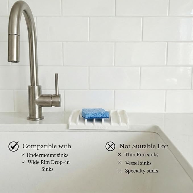 Effilogic Silicone Sponge Holder – Self-Draining Sink Organizer- Faucet Mat for Kitchen - Countertop Protector - Large White