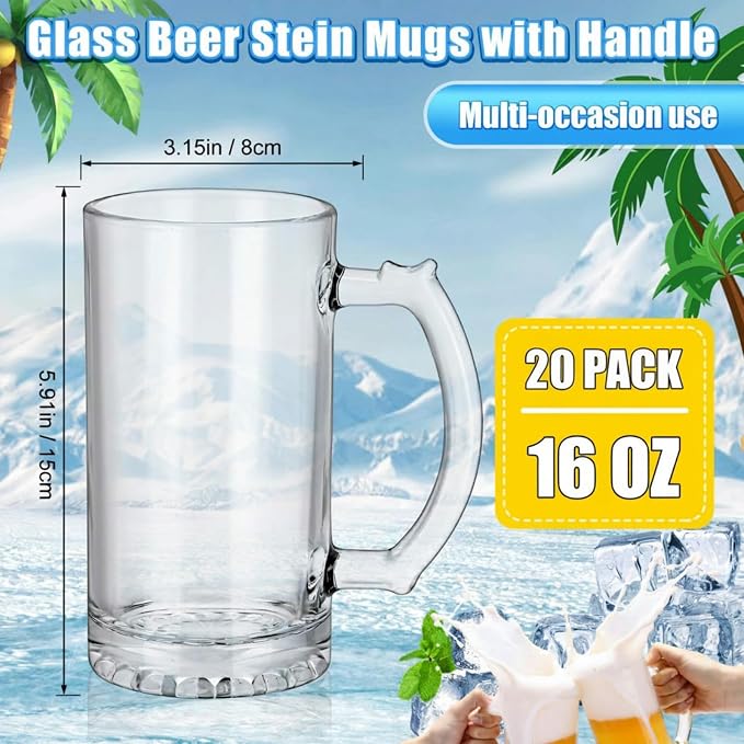 Reallnaive 20 Pack 16 oz Beer Mugs for Oktoberfest Freezer Glass Beer with Handles Mugs Steins German Large Heavy Cups for Men Drinking Gifts