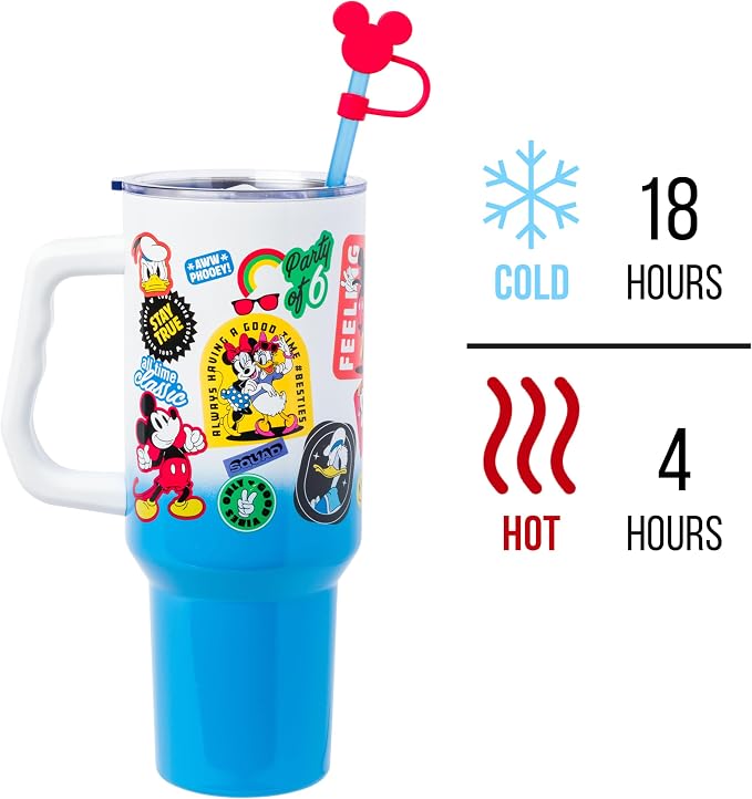Silver Buffalo Disney Mickey and Friends Featuring Donald Duck, Daisy Duck, Minnie Mouse, Mickey Mouse, Goofy, and Pluto Stainless Steel Tumbler with Straw Cover, Lid, Straw, and Handle, 40 Ounces