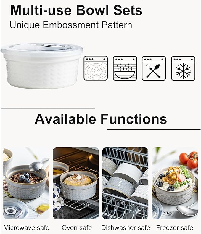12 oz Ramekins with Lids Airtight Ceramic Storage Containers with Lids for Meal Prep/Moving/Freezer/Oven, Creme Brulee Ramekin Sets with Covers for Leftovers, Baking, Cooking, Beige Ripple
