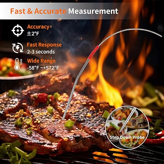 YFL Wireless Meat Thermometer with 4 Color Probes, Bluetooth Smart BBQ Thermometer for Grilling & Smoker, Magnetic Kitchen Thermometer165ft Range Digital Remote App Monitor
