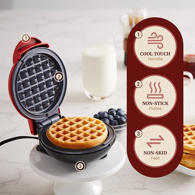Elite Gourmet EWM015R Electric Nonstick 4.5" Cooking Surface Mini Waffle Maker, Belgian Waffles, Compact Design, Hash Browns, Keto, Snacks, Sandwich, Eggs, Easy to Clean, Red