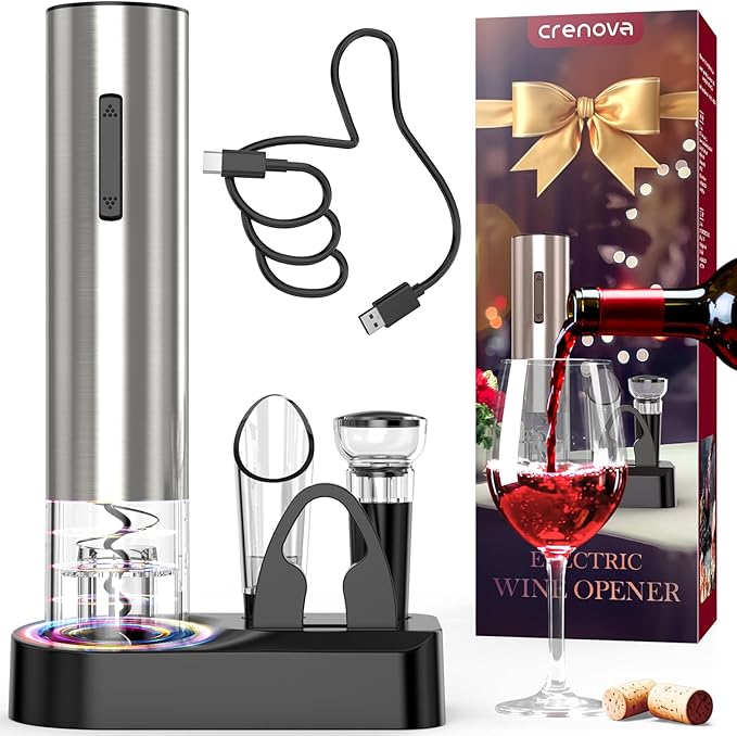 Crenova Electric Wine Opener, Rechargeable Wine Bottle Opener, Automatic Corkscrew with Vacuum Stopper, Aerator Pourer, Foil Cutter, Display Base, Gifts for Valentines Day New Home Wedding Birthday