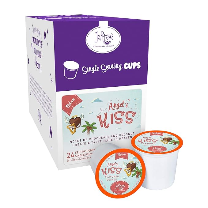 Joffrey's Coffee - Angel's Kiss, Flavored Coffee, Artisan Medium Roast, Arabica Coffee Beans, Chocolate & Coconut Cream Flavor, K-Cup 2.0 Compatible (Single Serve Cup, 24 Count)