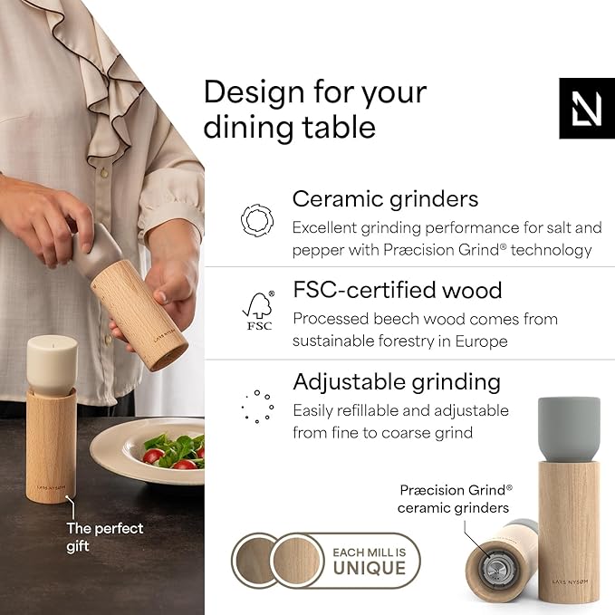 LARS NYSØM Wooden Salt and Pepper Grinder Set Manual with Tray - Salt and Pepper Mills with Adjustable Ceramic Grinder - Elegant Beechwood Pepper and Salt Mill Set for Dining Table (Ash Gray)