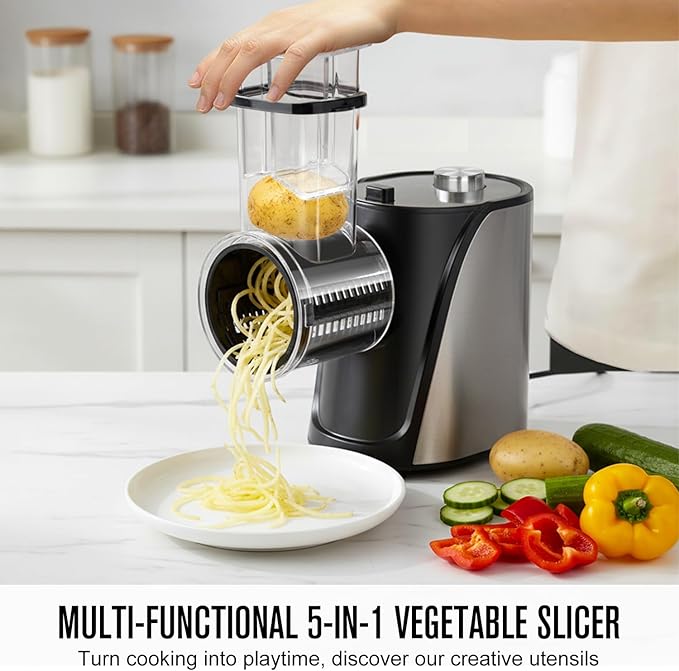 5-in-1 Electric Vegetables Slicer, 250W Cheese Grater Salad Shooter with 5 Different Blades, Kitchen Food Processor Cutter Chopper for Carrots, Potatoes, Nuts, Crackers, Salad Prep