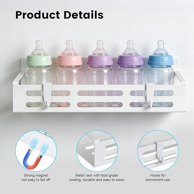 4 Pack Magnetic Baby Bottle Organizer for Refrigerator, Space Saving Bottle Organizer Rack, Durable Metal Shelves with 8 Hooks, Storage for Baby Bottles, Pacifiers, and Brushes