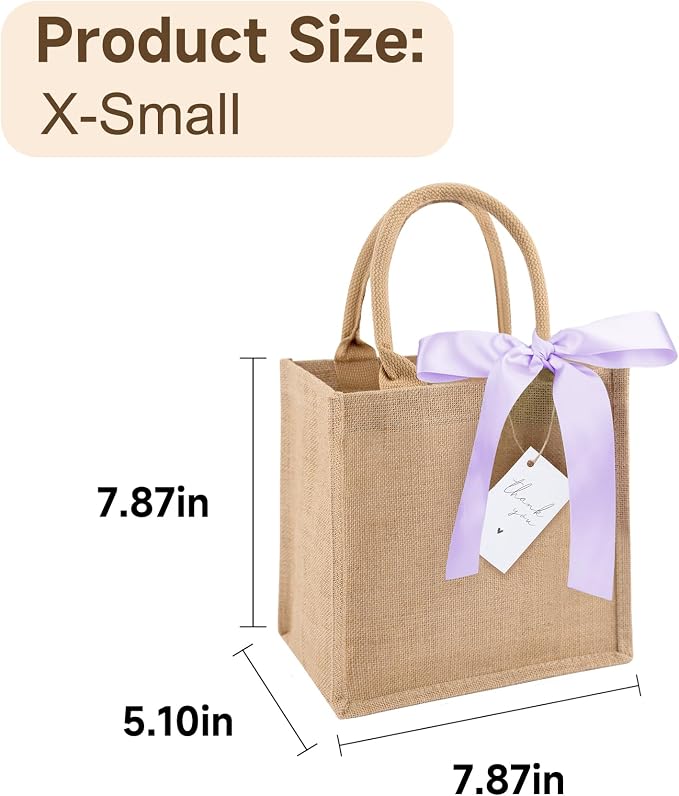 6 Pack Burlap Tote Bags with Handles Reusable Mini Jute Gift Bags with Purple Silk Ribbons Waterproof Lining for Wedding Bridesmaid Mother's Day Bachelorette Beach Party