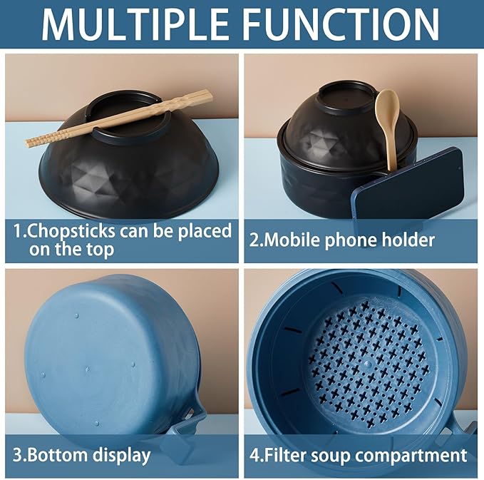 2 Sets Microwave Ramen Bowl 40 oz Wheat Fiber Portable Instant Noodle Cooker Bowl with Handles Strainer Spoon Chopstick Fork College Dorm Room Apartment Essentials(Black,Dark Blue)