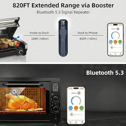 Smart Wireless Meat Thermometer with Display Dock, 820ft Long Range Bluetooth 5.3 Meat Probe for BBQ & Smoker, IP67 Waterproof Dual Sensor Digital Food Thermometer with Ceramic Handle for Oven Grill