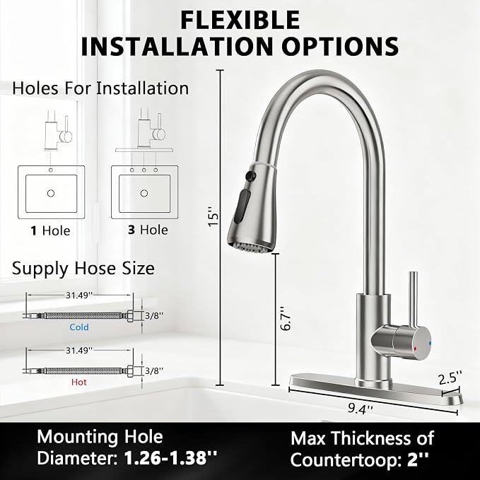 FEELSO Kitchen Faucets with Pull Down Sprayer, High Arc Stainless Steel Single Handle Kitchen Sink Faucet, 1 or 3 Hole Brushed Nickel Water Faucets for Farmhouse Laundry Camper Rv Bar