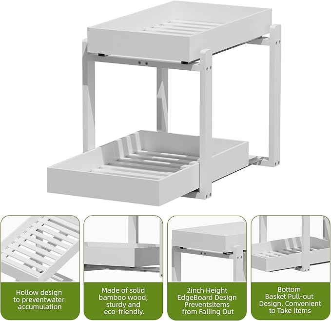 APRTAT 2 Pack Under Sink Organizer, Bamboo Wooden 2-Tier Pull-Out Storage with Sliding Drawers for Kitchen and Bathroom Cabinets, Easy Installation (White, 2 Packs)