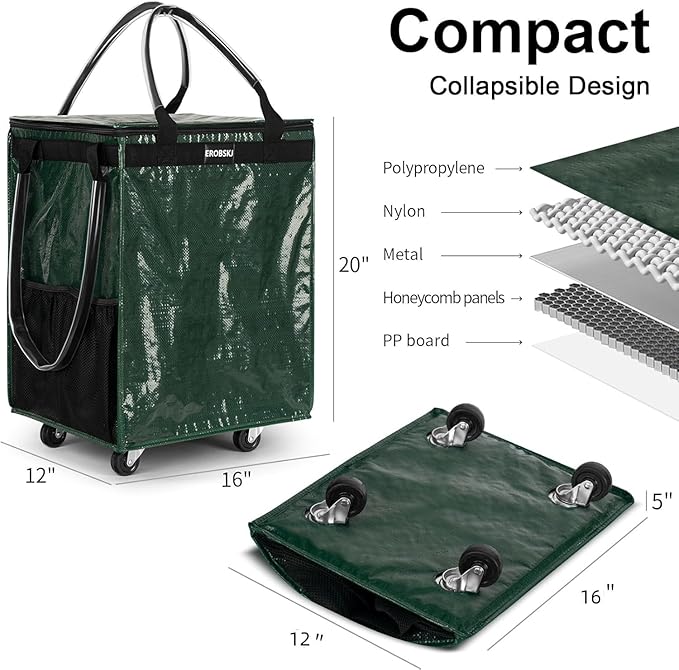 (Medium,Green) Reusable Grocery Bag on Wheels, Foldable Rolling Tote, Carries Up to 66 lbs Shopping Trolley, Zipper Clouser Shopping Carts for Trips, Laundry, 4 Heavy Duty Wheels and 3 Handles