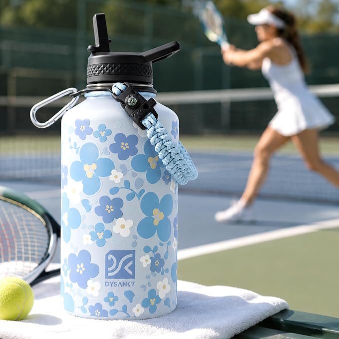 DYSANKY Water Bottle Gift– 64 oz Insulated Stainless Steel Bottle with Carrier Bag, Strap & Gift Box – BPA-Free – Ideal for Hiking, Camping & Travel - Blue Flower 64 oz