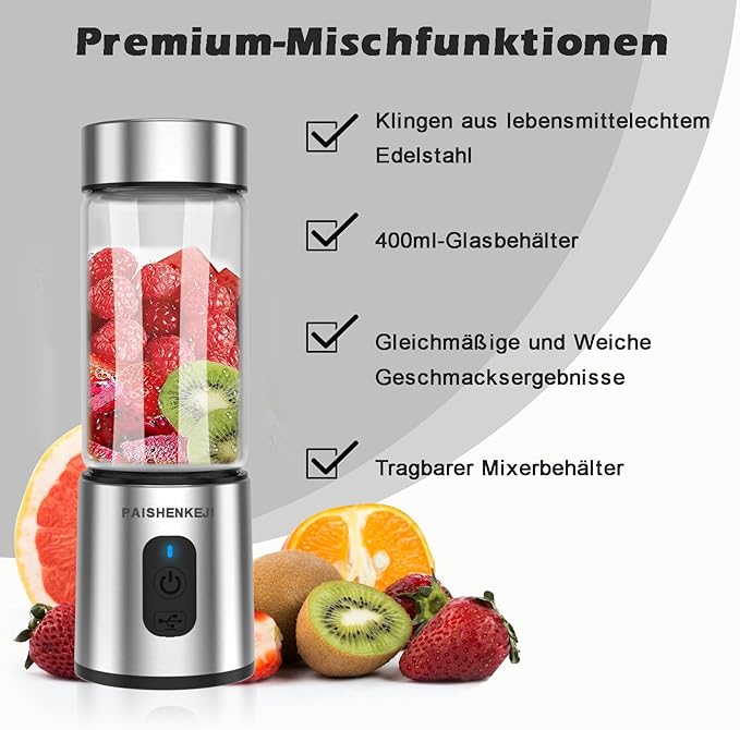 Glass Portable Blender Smoothies: Mini Personal Blender Shakes and Smoothies Small USB Rechargeable, Baby Food Travel Beach Office Sports Kitchen Gym Use