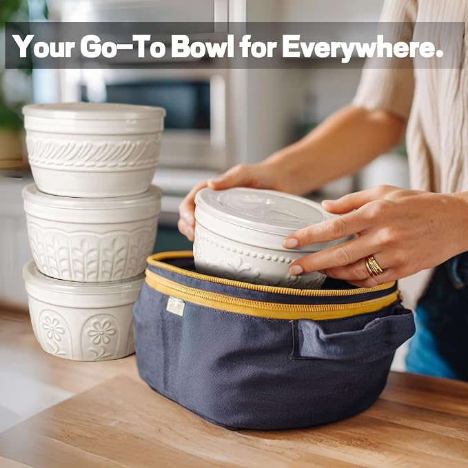 Artena Meal Prep Containers 22 OZ, 4 Pack Snack Containers, Reusable Food Storage Containers With Lids For Soup Yogurt Oatmeal Lunch Breakfast, Ceramic Cereal Bowls (White, Damask Floral)