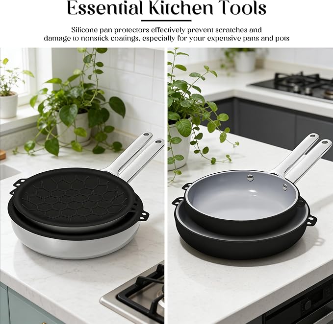 3 Piece Set Silicone Pan Protectors (Includes 8",10",12"), Pan Separators for Stacking Compatible with Hexclad, Tfal, All-Clad Nonstick Frying Pans and More, Cookware Protector, Dishwasher Safe, Black