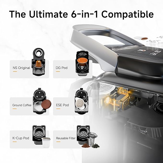 HIBREW H6 6-in-1 Pod Coffee Maker, Express Capsule Espresso Machine, compatible with Kcup*/Nes*/DG*/Espresso Powder. Suitable for Hotels, Homes, and Offices.