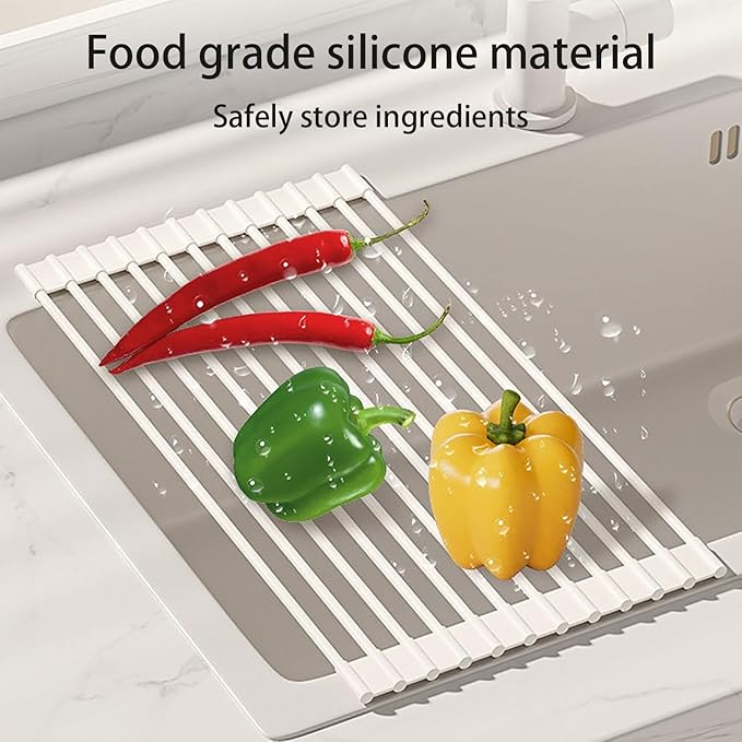 Silicone Non-Slip Dish Drying Rack, Drain Board Over the Kitchen Sink, Roll-Up Dish Rack Drainer, Rust-Resistant Drain Board(Grey,18 Short rods)