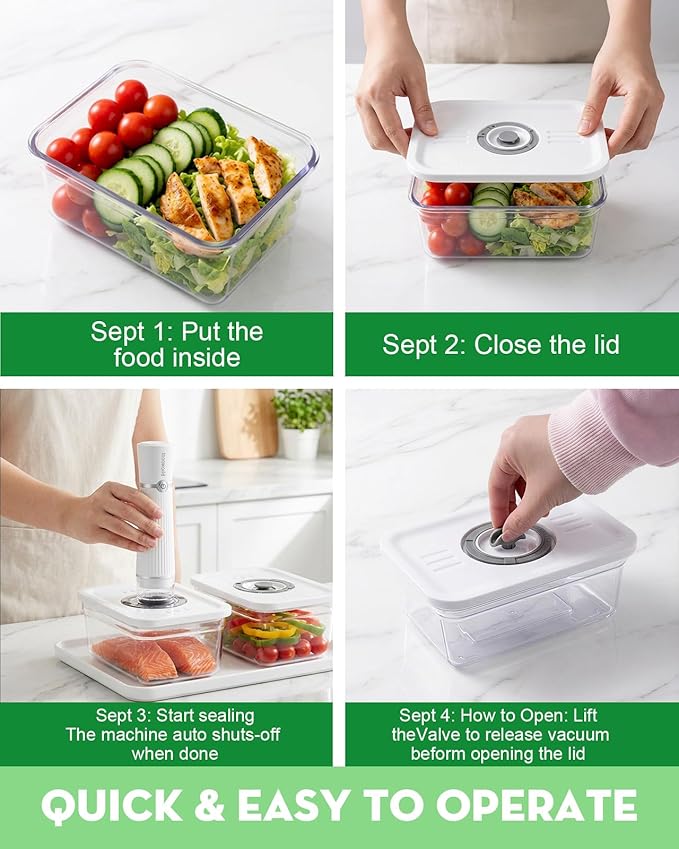 Compact Vacuum Sealer for Food (Vacuum Sealer Machine+3 Vacuum Containers+14 Reusable Vacuum Bags),Powerful Handheld Vacuum Seal Machine,Seal Meal Saver,Portable Food Sealer,Easy-Clean